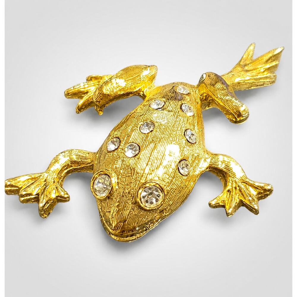 Vintage Rhinestone Frog Brooch Brushed Gold Tone Figural‎ Pin ab1-61